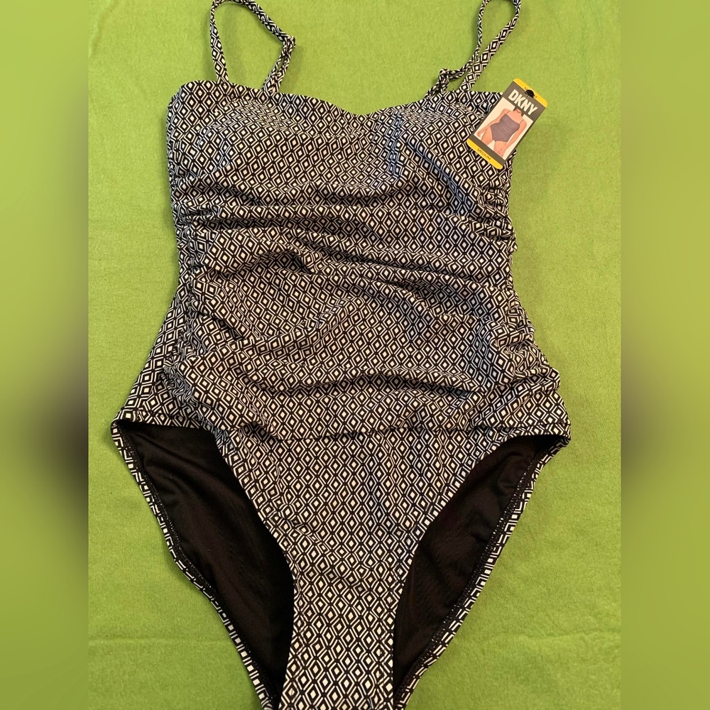 DKNY Black and White Geometric One-Piece Swimsuit
